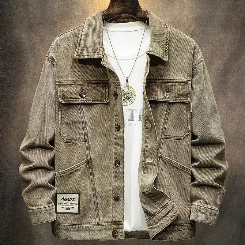 Stylish Versatile Men's Denim Jacket Autumn Spring Trendy Korean Version Casual Long Sleeve Standard Fit Outerwear Coat