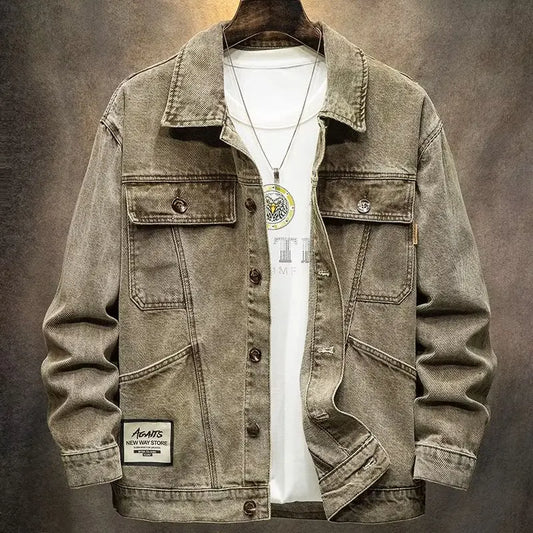 Stylish Versatile Men's Denim Jacket Autumn Spring Trendy Korean Version Casual Long Sleeve Standard Fit Outerwear Coat