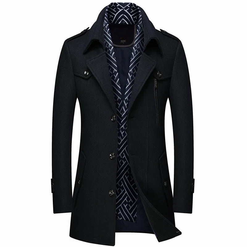 Winter Men's Woolen Coats Fashion Thicken Mid Length Trench Solid Turn Down Collar Warm Outerwear Business Casual Wool Coat Men