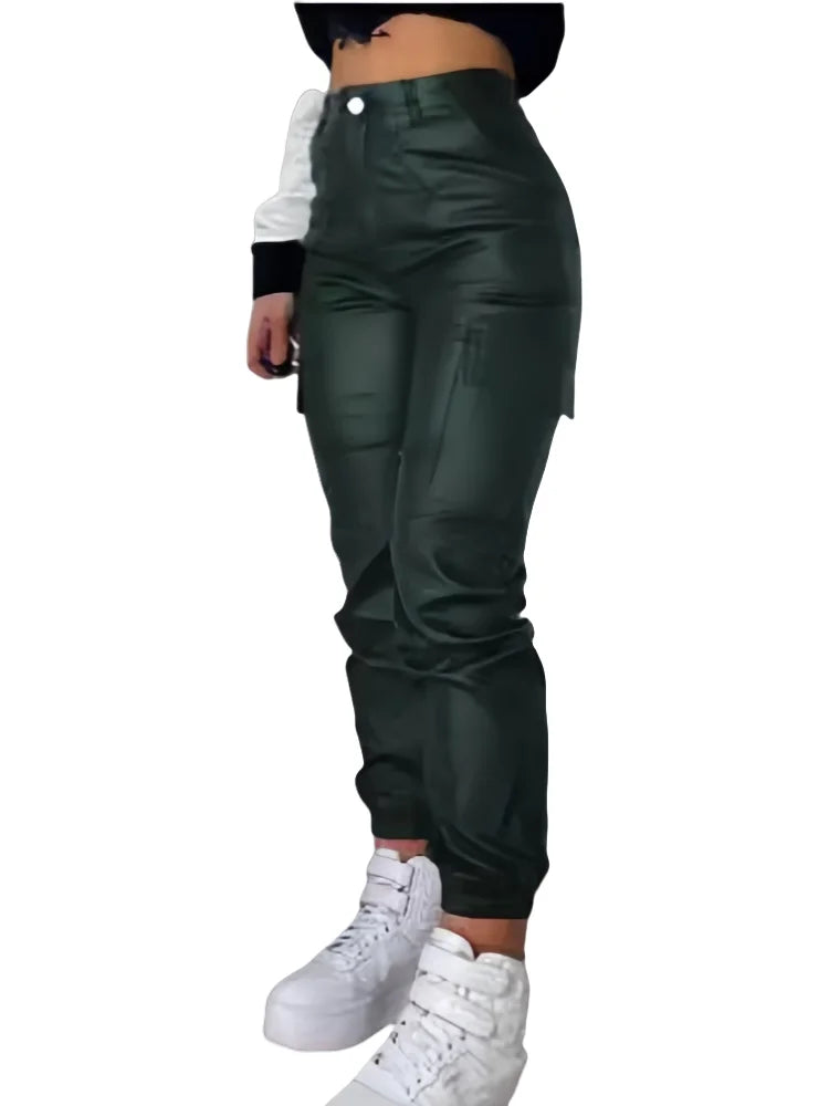 Women's PU Trousers Zipper Pleated Multiple Pocket Fashion Casual High Waisted Patch Bag Tight Foot Aesthetic Long Cargo Pants