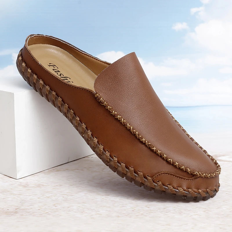 Plus Size 38-48 Handmade Mules Mens Backless Loafers Slippers Half Shoes For Men Slide Closed Toe Sandals Semi-Drag Casual Shoes