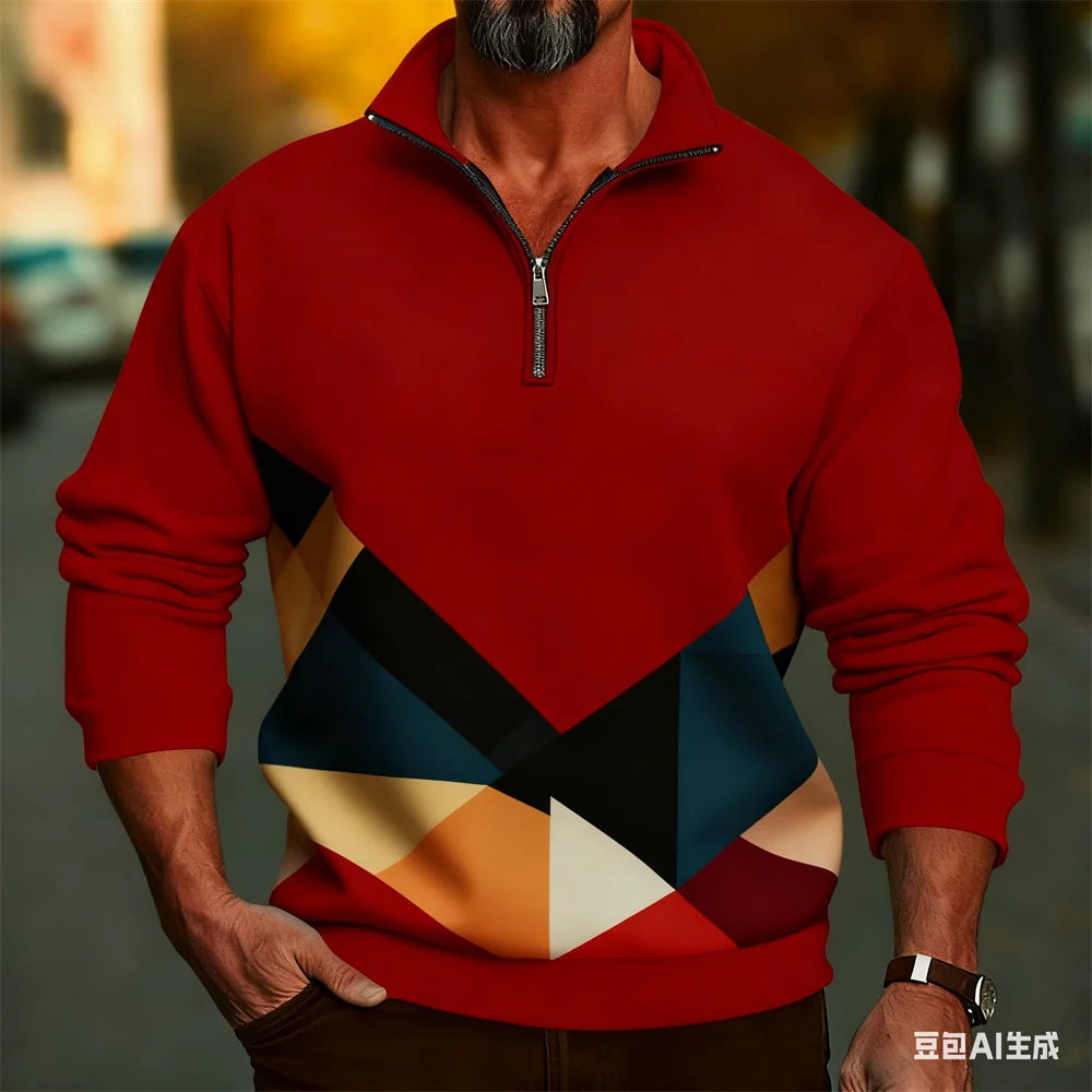 Men's Vintage Classic Print Zipper Sweatshirt Fashion Outdoor Street Casual Long Sleeve Pullover Autumn Winter Half Zip Clothing