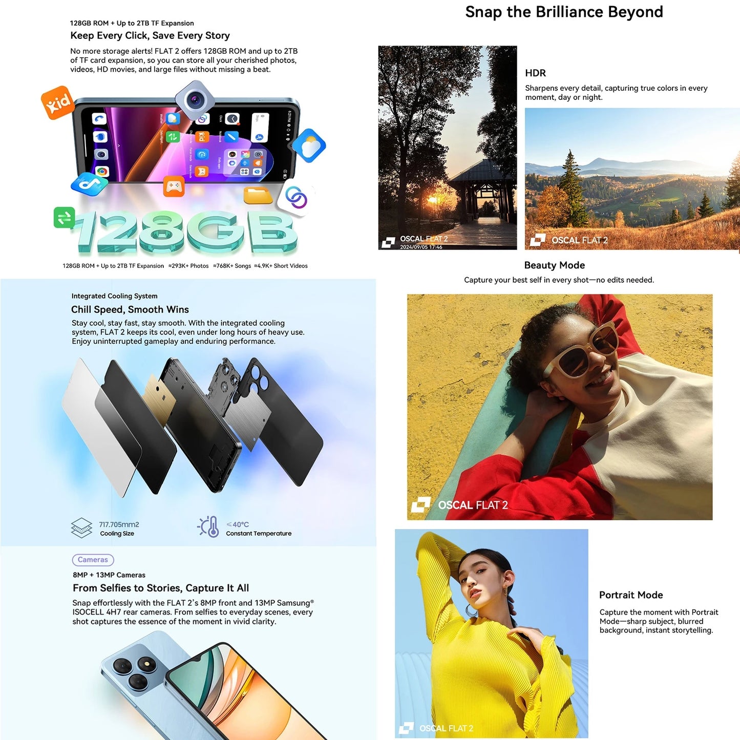 Blackview OSCAL FLAT 2 Smartphone 6.6'' 90Hz 4GB 128GB Unisoc T606 Octa Core 13MP+8MP Camera 5000mAh Face Unlock 4G Mobile Phone