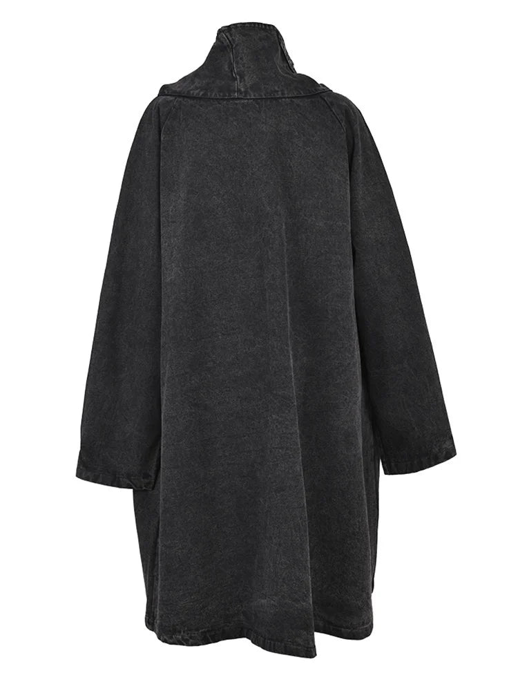 [EAM] Loose Fit Black Denim Big Size Sweatshirt New High Collar Long Sleeve Women Big Size Fashion Spring Autumn 2026 1K166