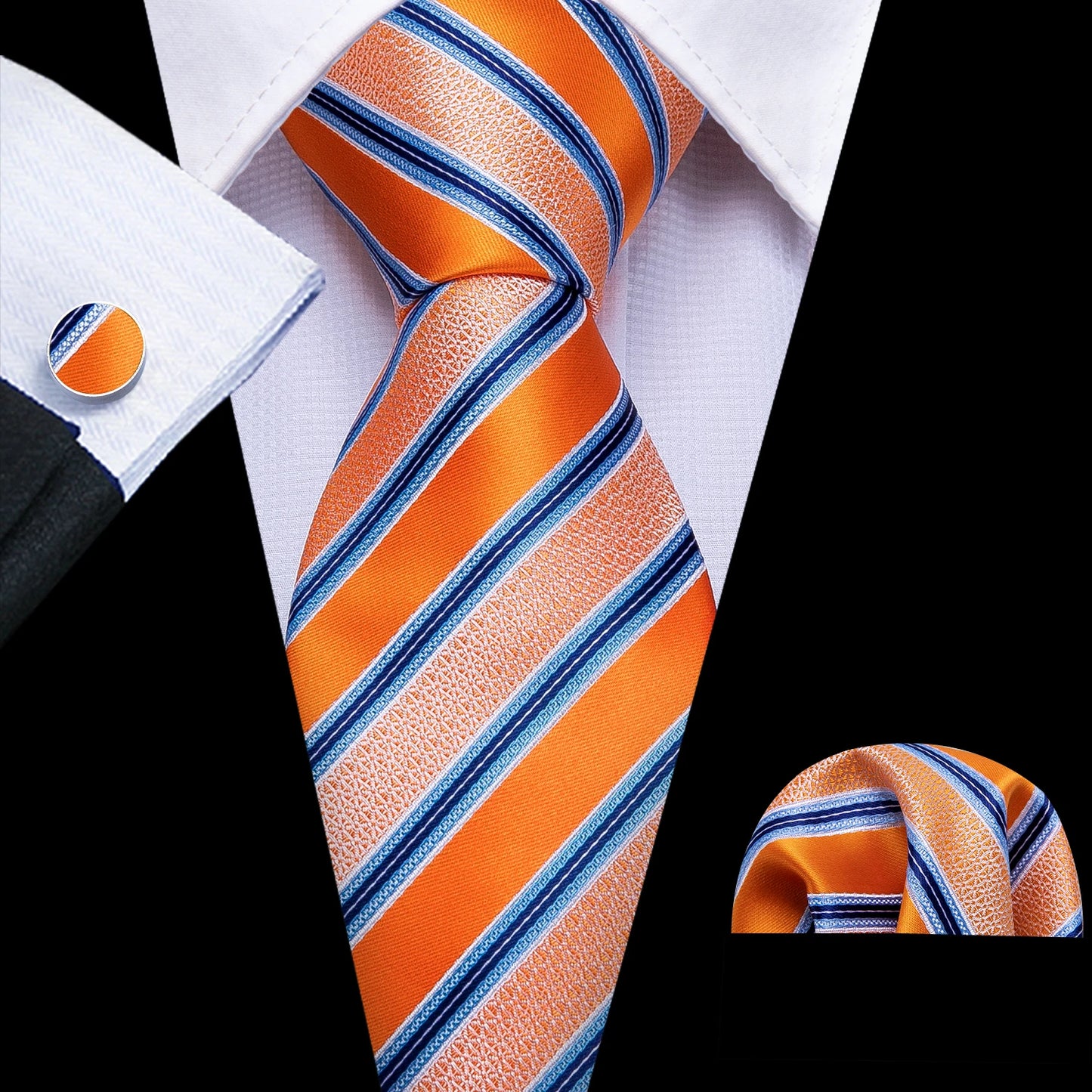 Barry.Wang Orange Brown Silk Mens Tie Hanky Cufflinks Set Gold Coffee Jacquard Designer Necktie For Male Wedding Business Party