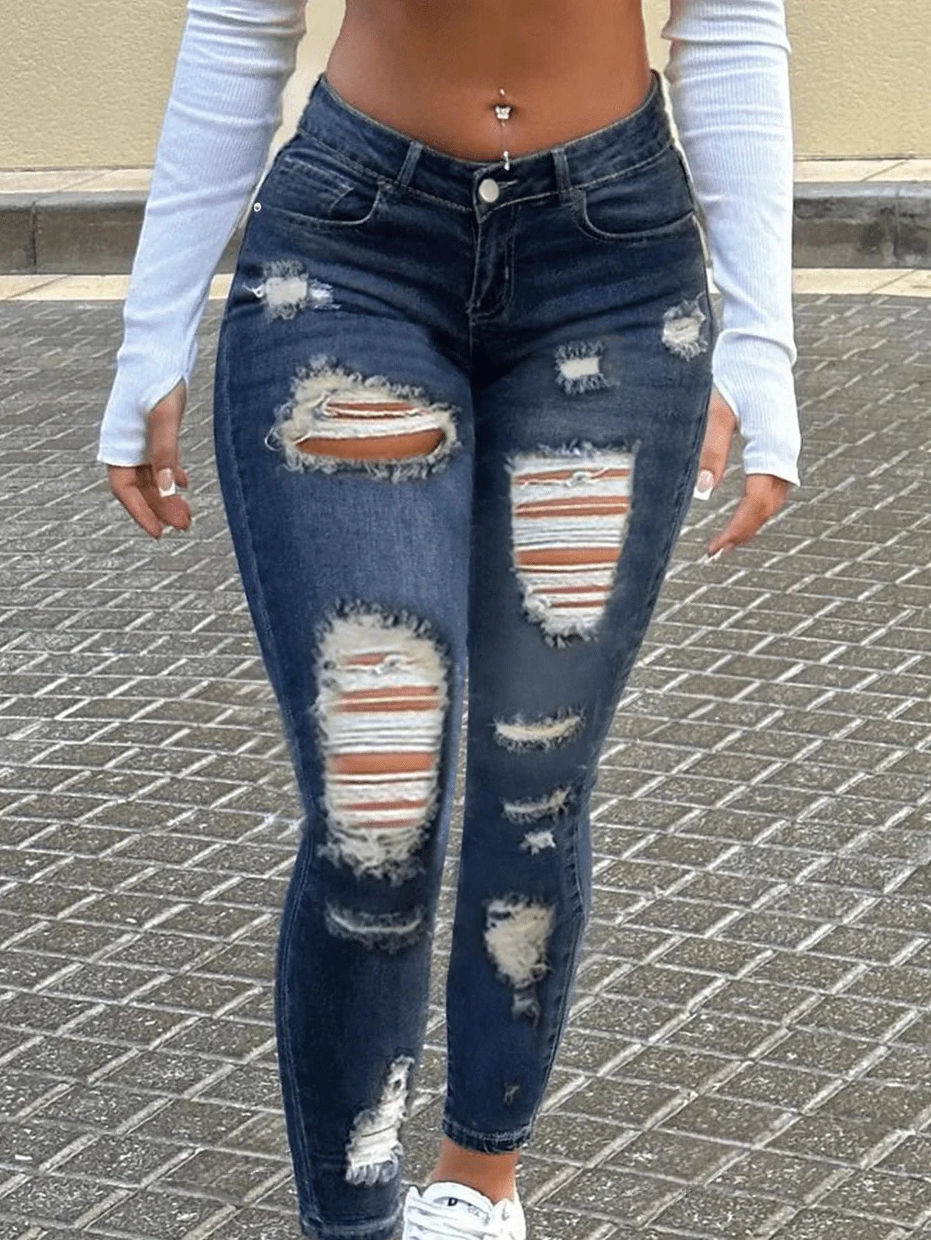 Women's Slim Fit Denim Jeans High Elasticity Mid Waist Hole Punching Washed Skinny Jeans Sexy Style Cross-Border Jeans