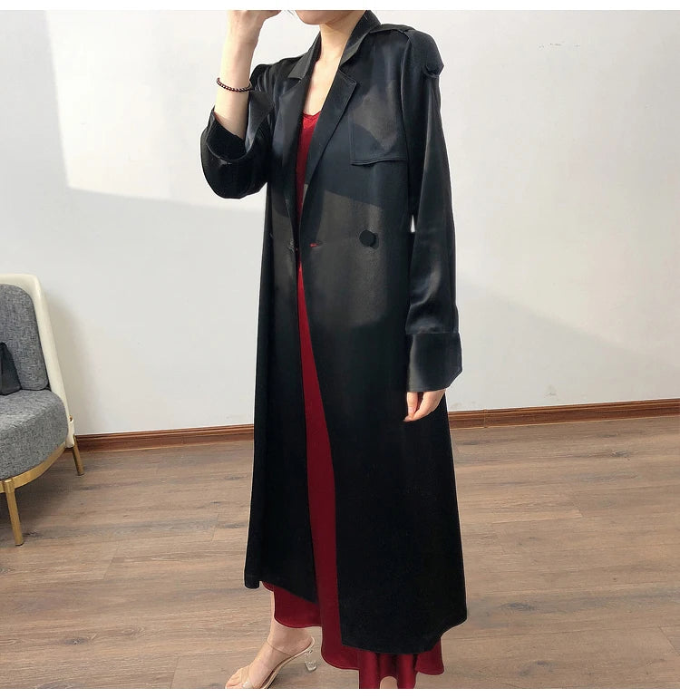 Lautaro Spring Autumn Long Soft Luxury Elegant Flowy Satin Acetate Trench Coat for Women High Quality Chic British Fashion 2022