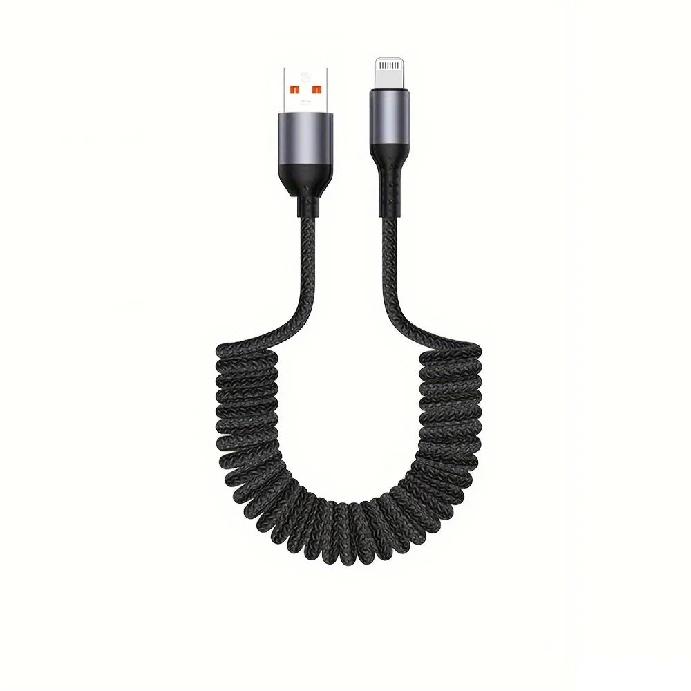 Spring Car Charger Cord 3A Fast Charging USB Cable For iPhone 14 11 12 13 Pro X XS Max 6 7 8 Plus SE iPad Data Wire