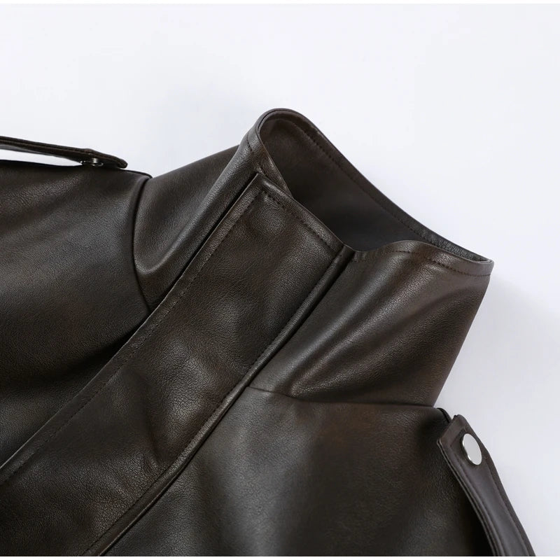 Fashion Lapel Leather Jacket Women's Full Sleeve Slim Solid Zippers Coat 2026 Spring New Lady Edgy Casual High Street Outerwear