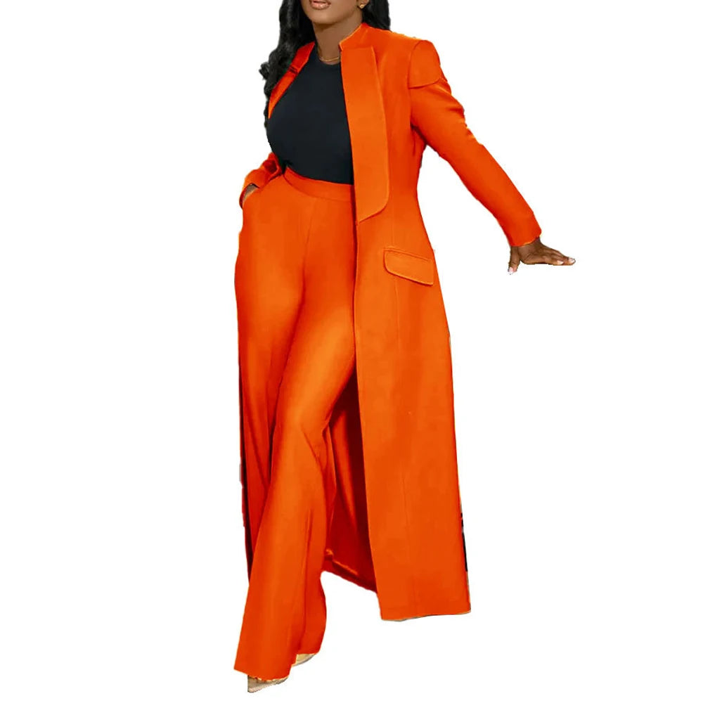 Streetwear Fashion X-Long Blazer Coat and Long Pants Suit 2 Two Piece Set for Women 2025 Spring African Work Business Outfits
