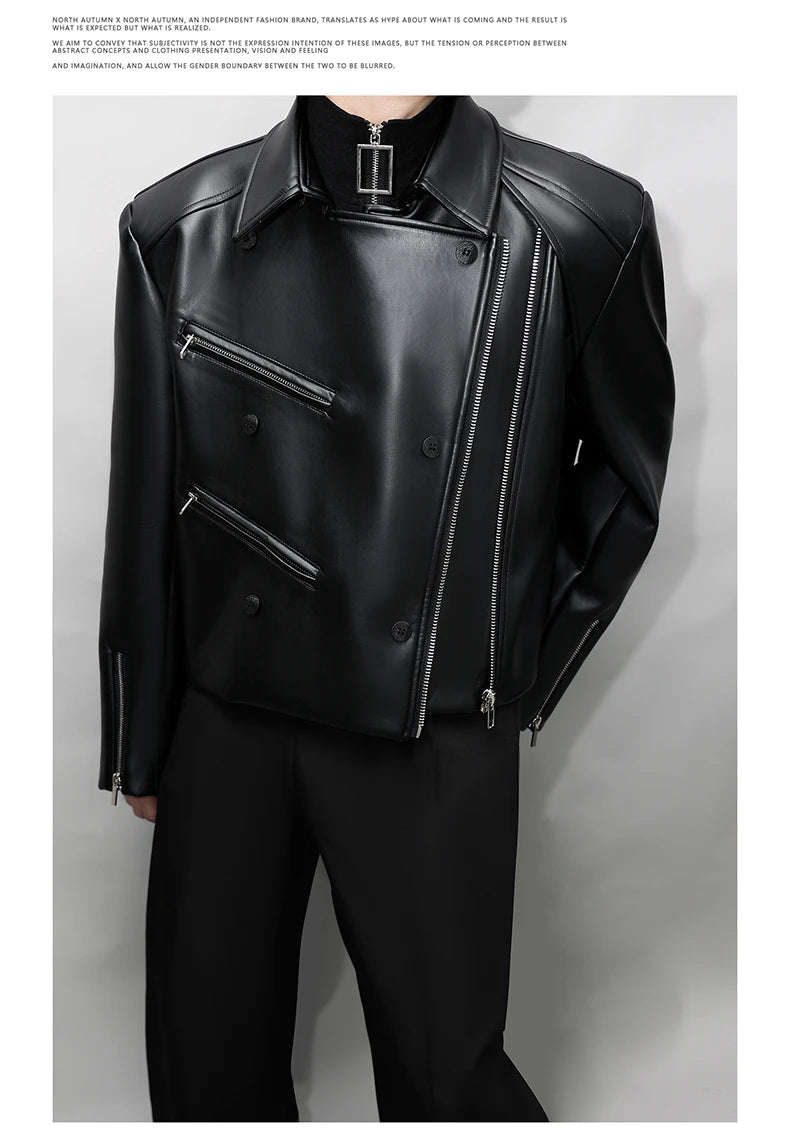 Mauroicardi Spring Autumn Oversized Cool Pu Leather Jacket Men Long Sleeve Stand Collar High Quality Luxury Designer Clothes