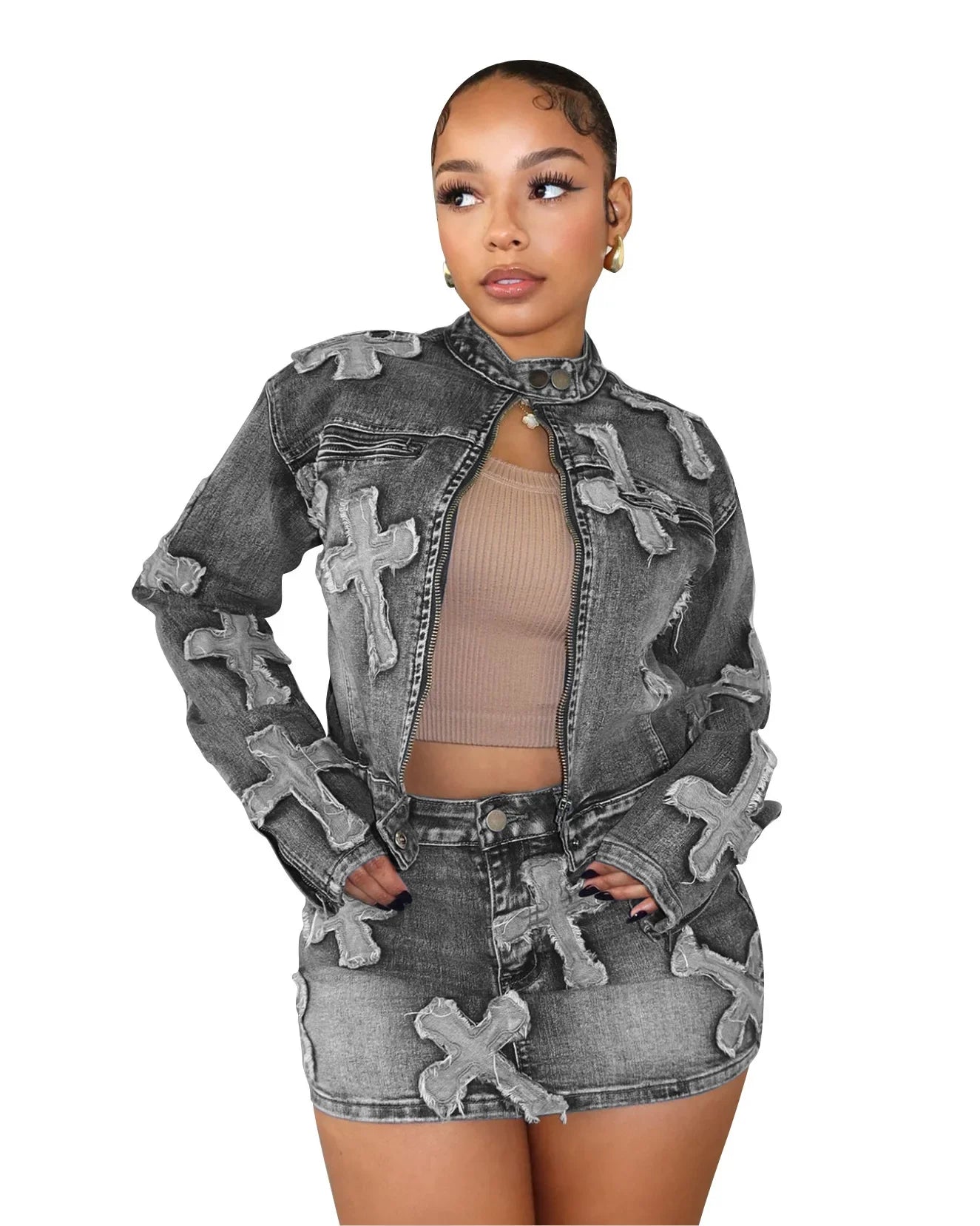 Spring New Denim Skirt Set F8505 Cross-Border Hot Sale Embroidered Short Skirt Jacket Set Cotton Knee-Length Women's Outfit
