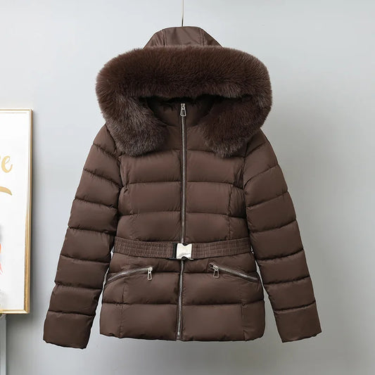 Winter Large Fur Coat Women With Belt Hooded Fur Collar Puffer Jacket Women New Warm Loose Parka Ladies Cotton Padded Overwear