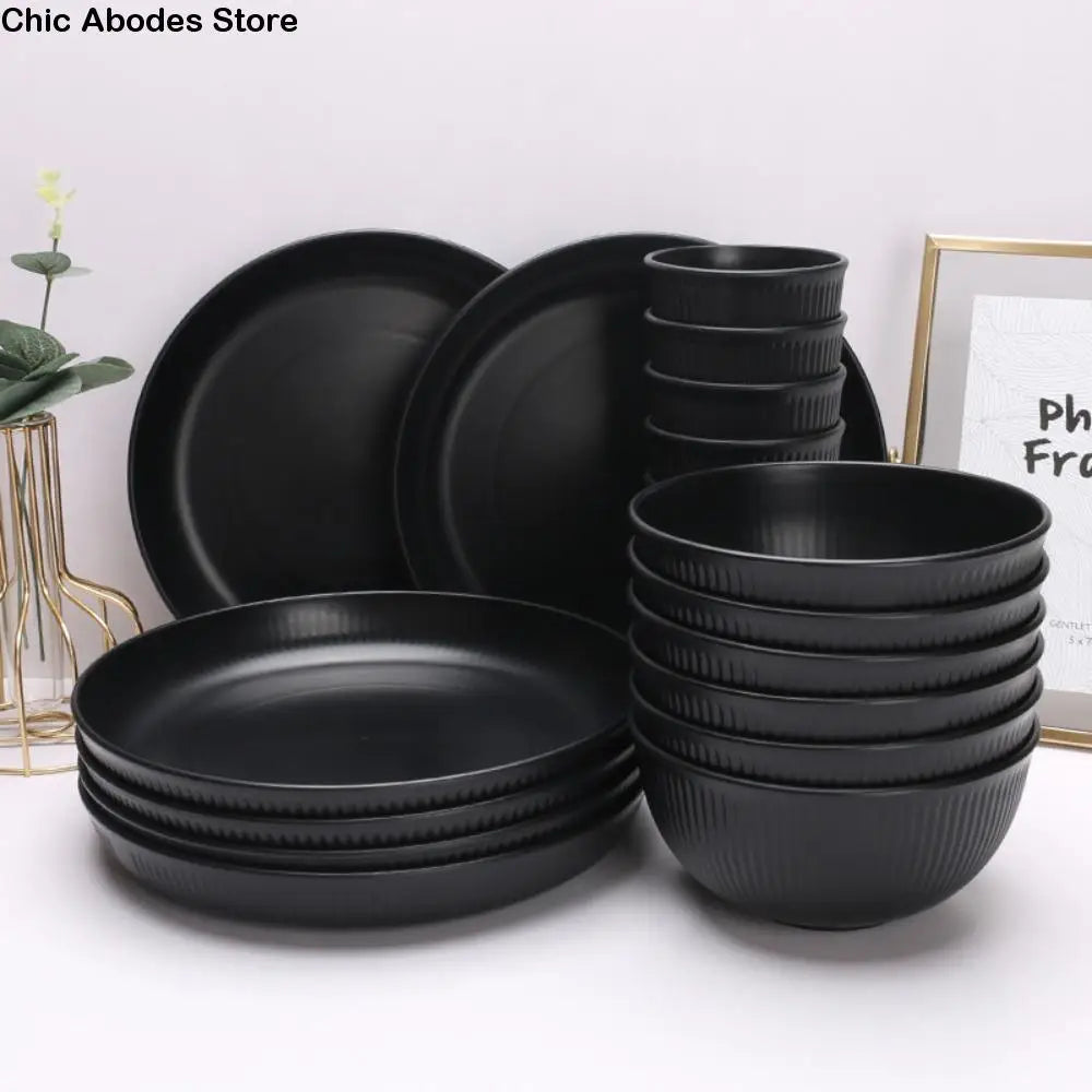 3pcs/set Eco-friendly Plastic Black Tableware Set Vertical Stripes Anti-fall Cutlery Set Plate/Bowl/Cup Party