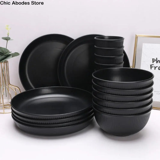 3pcs/set Eco-friendly Plastic Black Tableware Set Vertical Stripes Anti-fall Cutlery Set Plate/Bowl/Cup Party