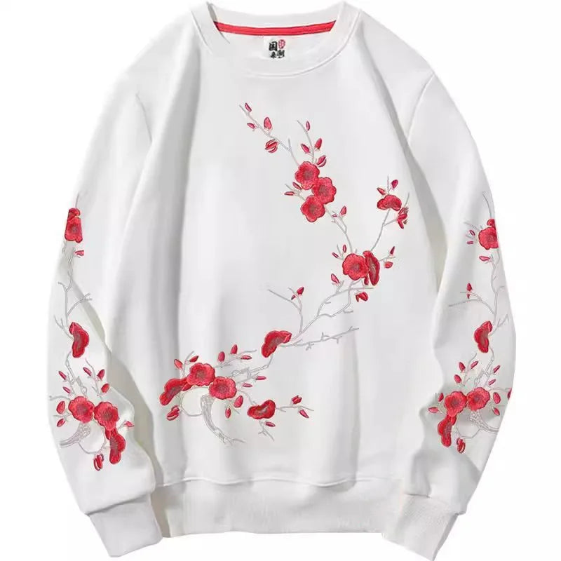 Plum Blossom Floral Embroidery Men Crew Neck Long Sleeve Sweatshirt Oriental Style Casual Pulllovers