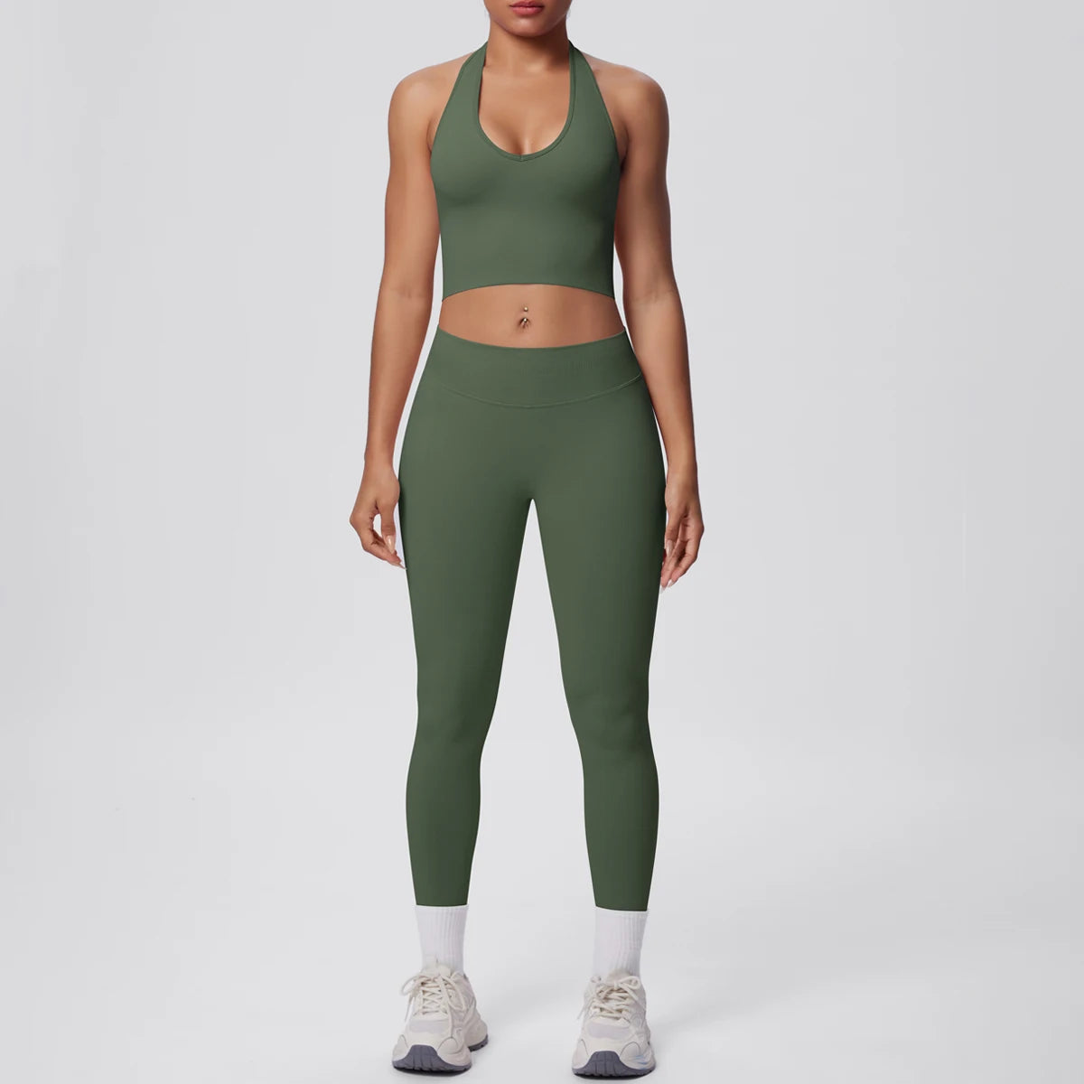 Solid Color Backless Breathable 2pieces Set for Woman High Strength Training Yoga Set Hanging Neck Bra Gym Push Up Fitness Pants