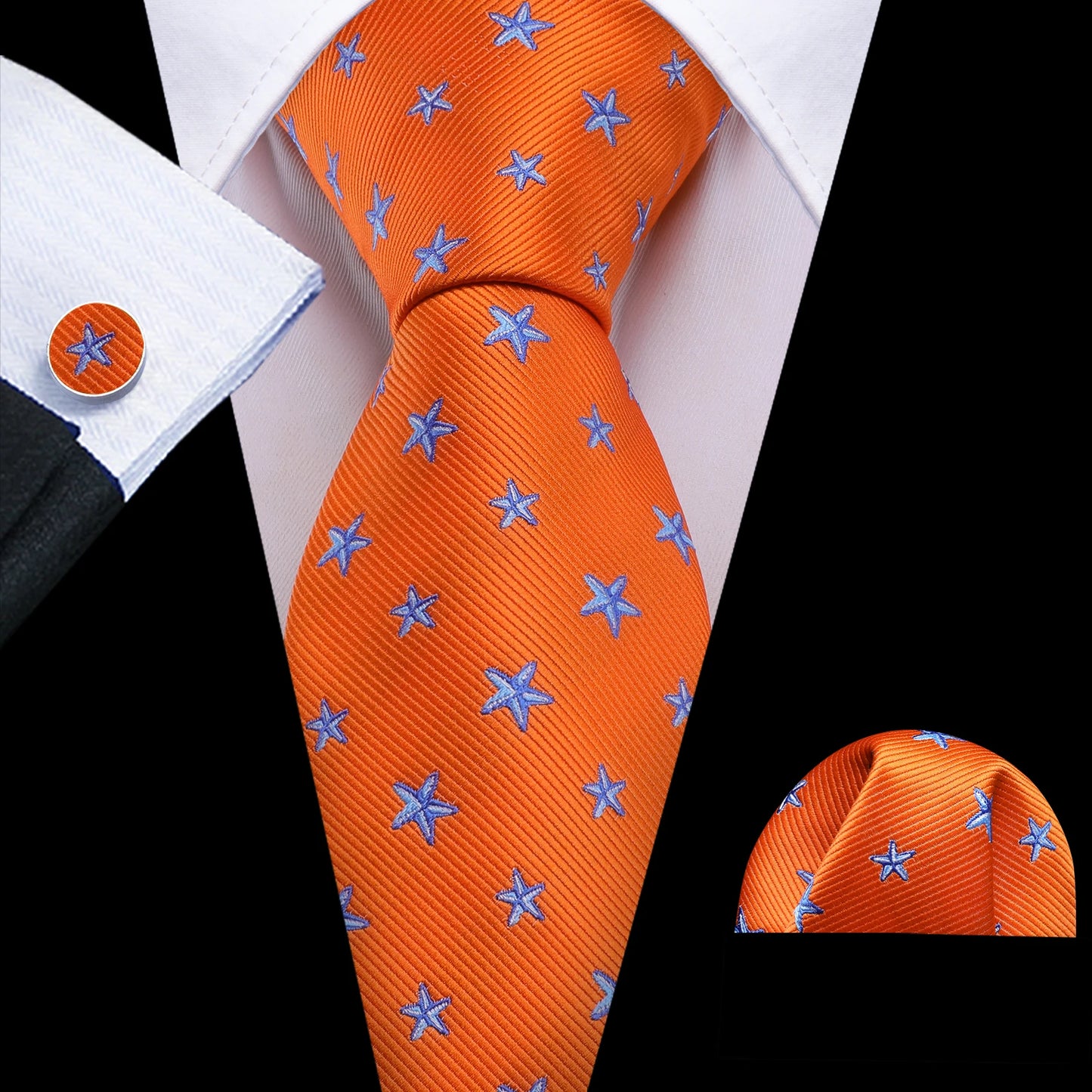 Barry.Wang Orange Brown Silk Mens Tie Hanky Cufflinks Set Gold Coffee Jacquard Designer Necktie For Male Wedding Business Party