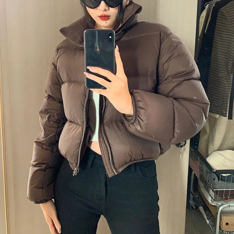 Casual Cropped Parkas for Women Winter New Loose Stand Collar Thick Warm Quilted Jacket Versatile Zipper Long Sleeve Bread Coat