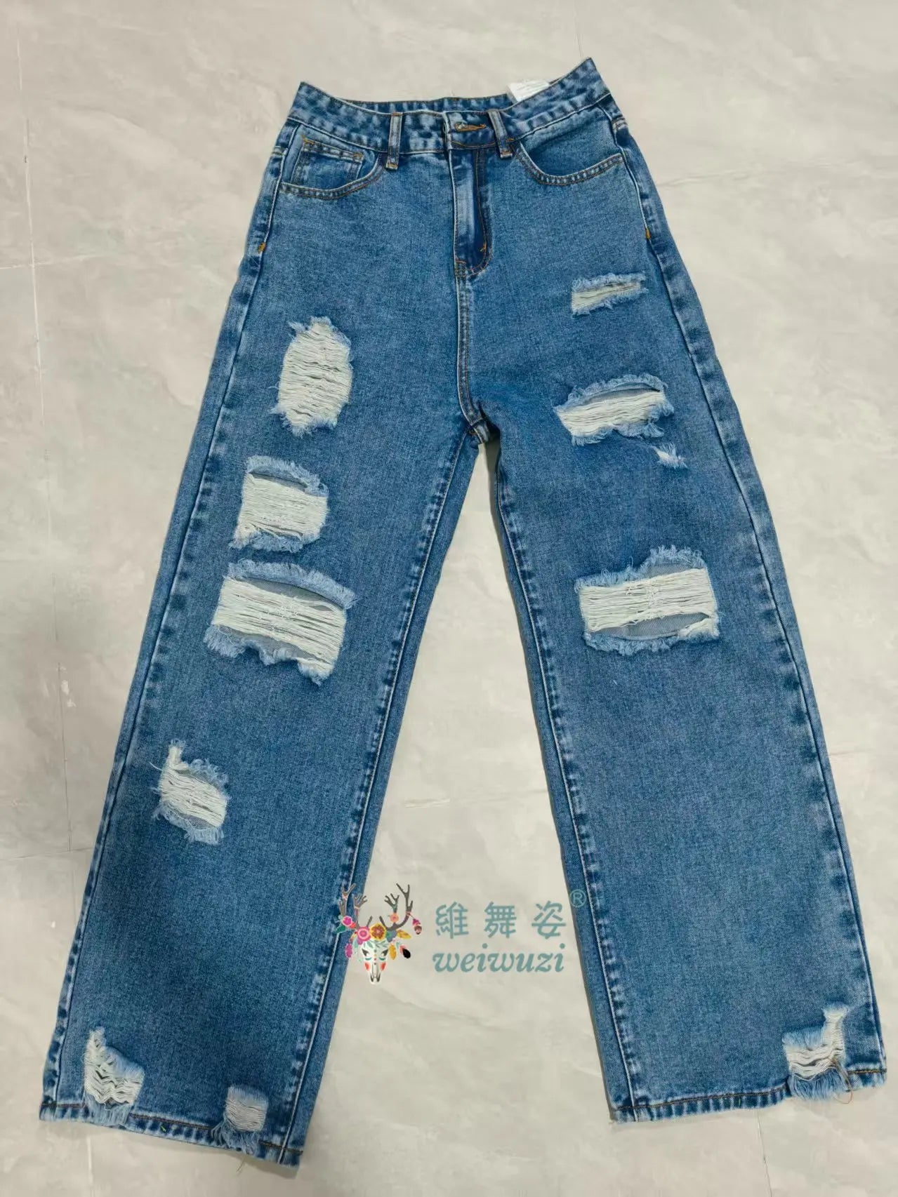 Women's Ripped Boyfriend JEANS Straight Wide-Leg Denim Pants Stretch Holes Denim Trousers Pocket Comfortable High Waist Pants