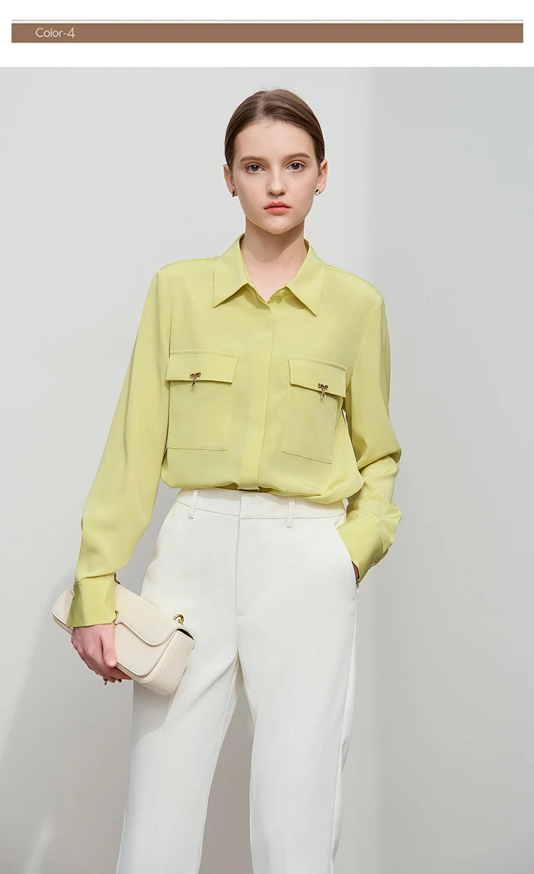 AMII Minimalist Chiffon Shirt Women 2025 Spring New Temperament Gentle Lapel Bamboo Work Pocket Concealed Button Tops 12521032
