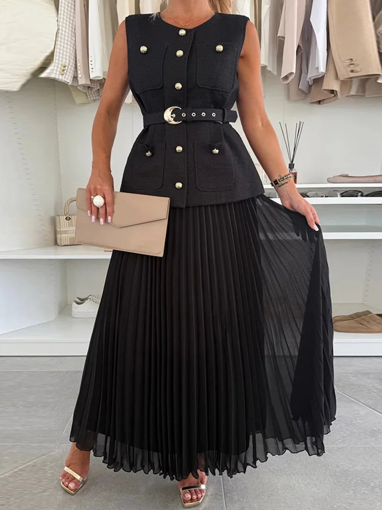 Ladies Sets Two Pieces Office Clothing, Maxi Shirts Sleeveless Buttons Coat Sets, Women Spring Summer Slim Fit Lace-Up Outfits