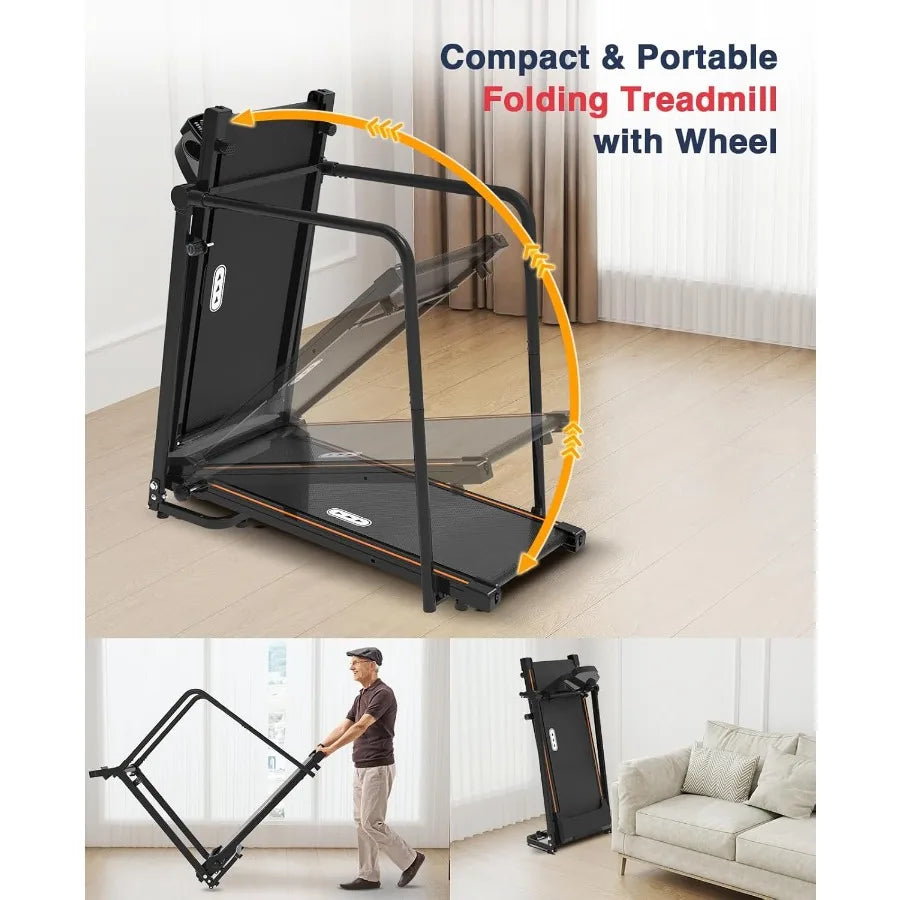 Foldable Walking Treadmill for Seniors with Long Handrails and Cup Holder 300 lbs Capacity Lightweight with Wheels Ideal for Ho