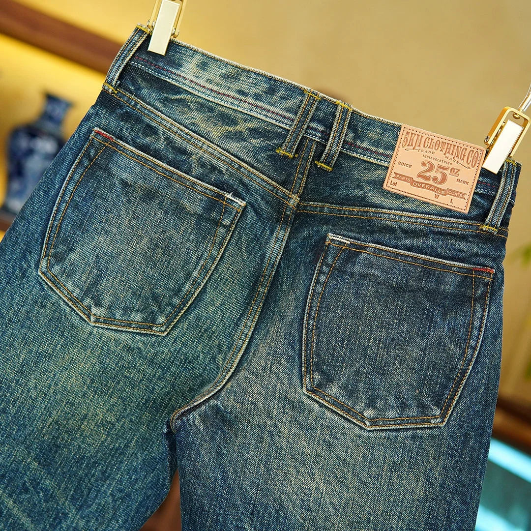 Heavyweight 25oz Red Selvedge Denim Jeans for Men American Vintage Casual 100% Pure Cotton Regular Straight Trousers 5KM Winter