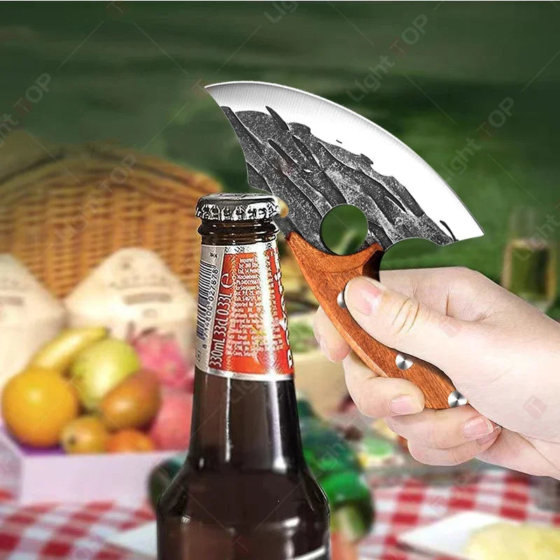 Kitchen Knife Supplies Forged Butcher Knife Fruit Slicing Bottle Opener Knife Multipurpose BBQ Cooking Chef Knife Wood Handle