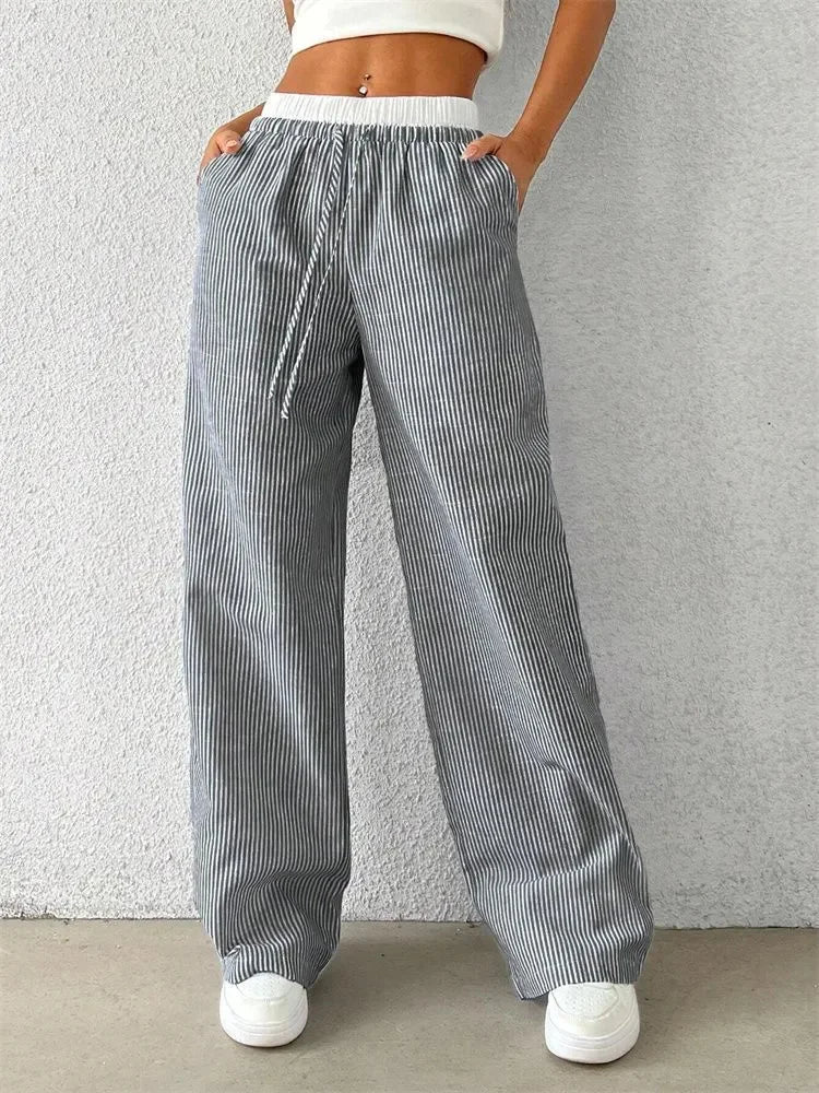 Casual Striped Woven Wide Leg Pants for Women Autumn Winter Casual Stylish Full Length Trousers Y2K Clothes Streetwear