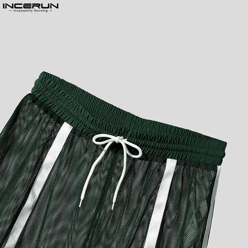 INCERUN Men Shorts Mesh Patchwork Drawstring Loose Transparent Male Shorts Streetwear Summer 2025 Sexy Vacation Men Bottoms