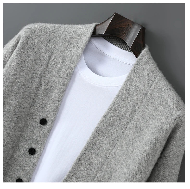 2025 Autumn Winter New Thick Cardigan 100% Pure Wool Men's Versatile Jacket V-Neck Loose Casual Highend Knitted Cashmere Sweater