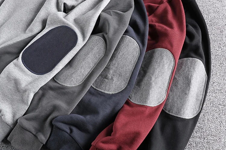Spring New American Retro Sleeve Patch Solid Color Sweatshirt Men's Simple 100% Cotton Washed Pullover Loose Casual Sportwear