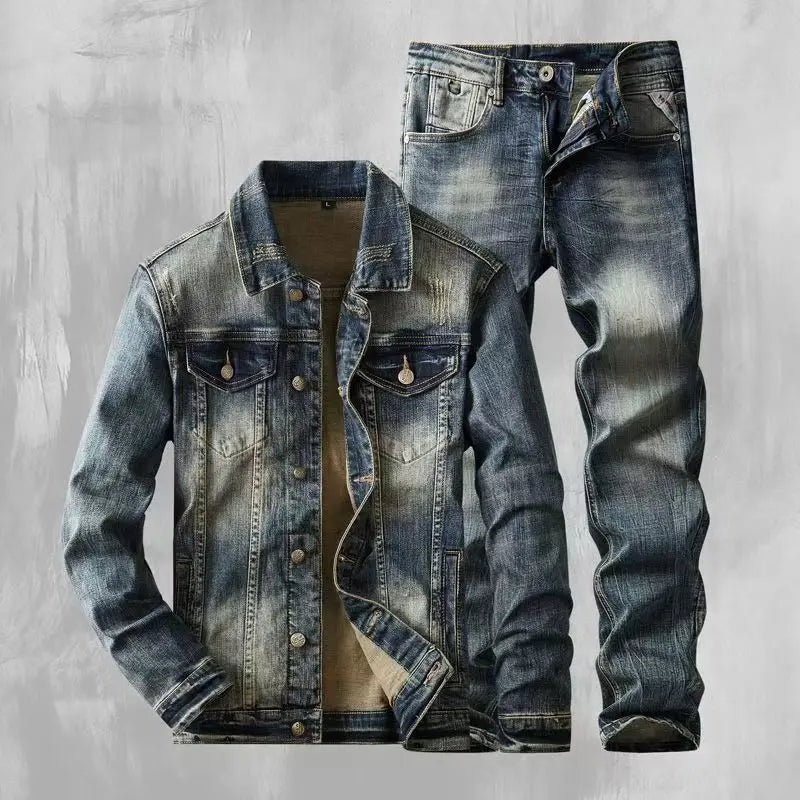 Spring Autumn New American Denim Coats Set Classic Simple and Versatile Washed Elastic Cowboy Jeans Clothes For Men