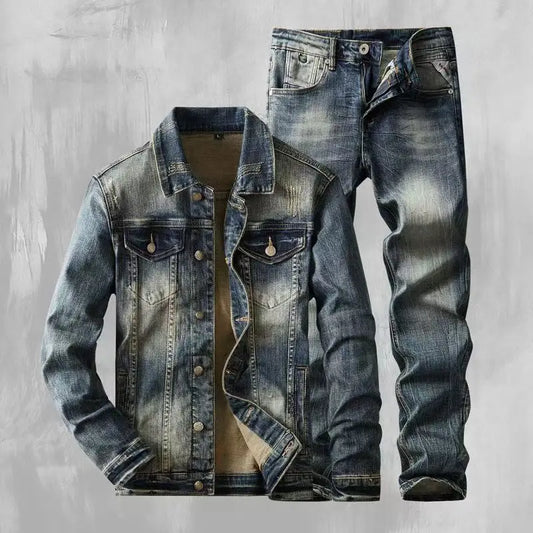 Spring Autumn New American Denim Coats Set Classic Simple and Versatile Washed Elastic Cowboy Jeans Clothes For Men
