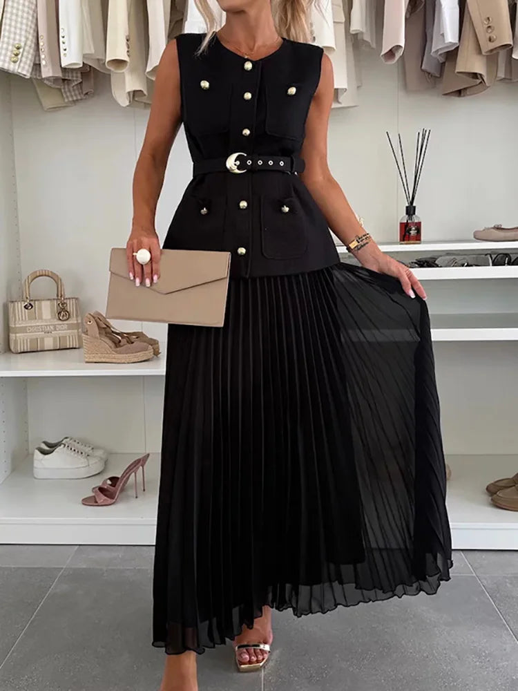 Ladies Sets Two Pieces Office Clothing, Maxi Shirts Sleeveless Buttons Coat Sets, Women Spring Summer Slim Fit Lace-Up Outfits