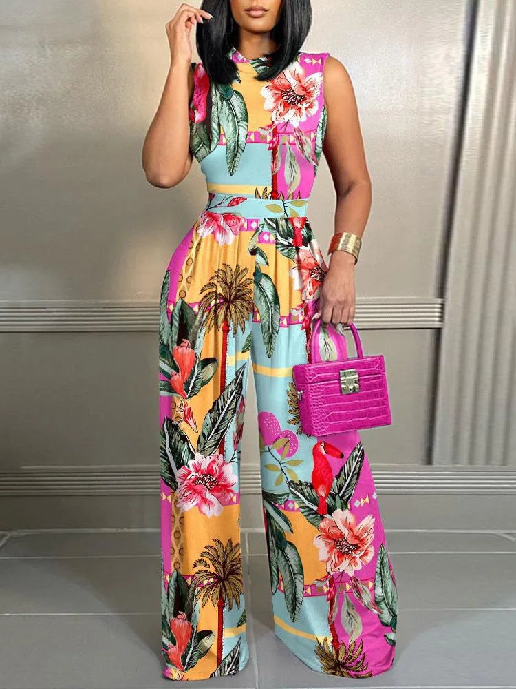 Elegant Women's Wide-leg Long Jumpsuit Spring And Summer Fashion Printed Sleeveless Casual Mid-waist Straight Jumpsuit Trousers