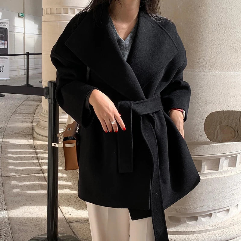 [EWQ] Khaki Fashion Woolen Coat With Belt Women Long Sleeve Elegant Lapel Wool Jacket Outwears 2025 Autumn Winter New 16U5035