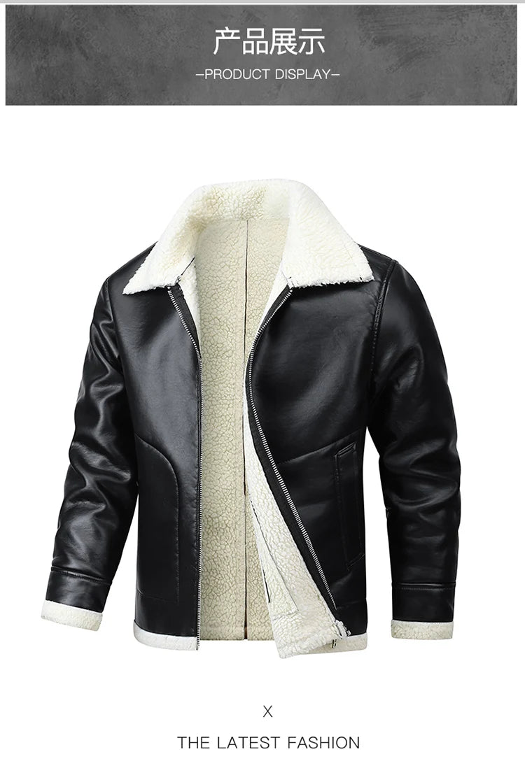 Men Autumn Oversized Leather Jacket Winter Men's Standing Collar with Plush and Thickened Business Leisure PU Washed Jacket