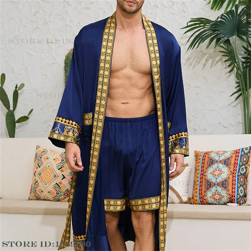Spring Summer New Men Pajama 2PCS Robe Shorts Set Baroque Style Silk Satin Kimono Bathrobe Gown Loose Home Clothing Loungewear
