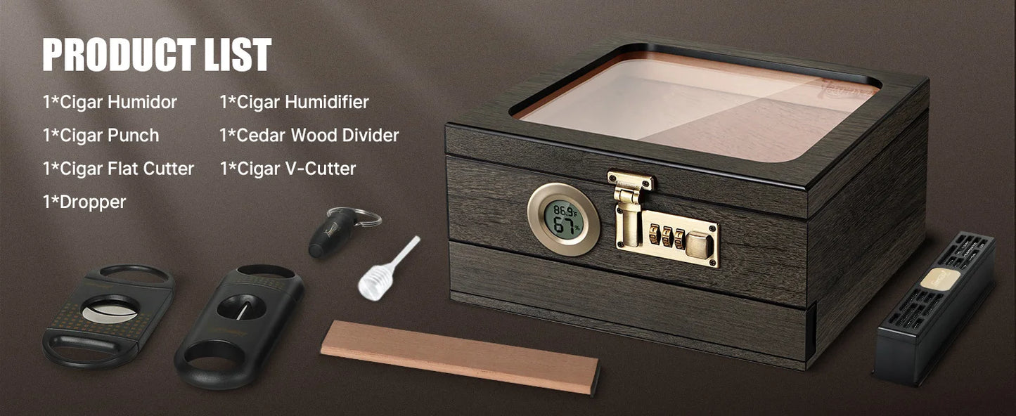 Cigar Humidor, Glass Top Desktop Box with Digital Thermo-Hygrometer, Humidifier, Divider, Accessories Drawer & Combination Lock