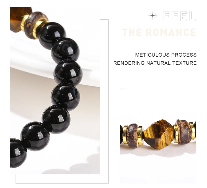 JD Natural Stone Black Agate Yellow Tiger Eye Faceted Bead Strand Bracelet Women Men Bohe Style Yoga Healing Energy Jewelry
