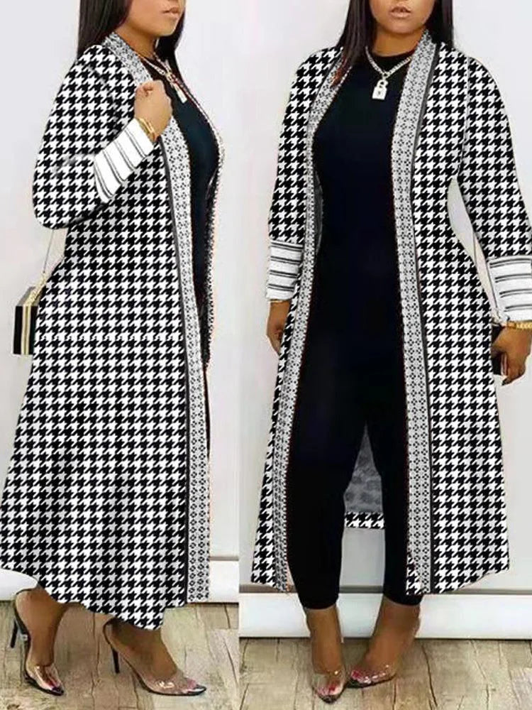 V Neck Casual Loose Female Print Long Outerwear Vintage Patchwork Streetwear Open Stitch Coats Long Sleeve Office Women Jackets