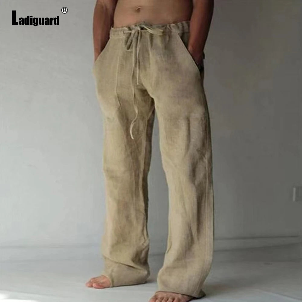 Plus Size 5xl Mens Loose Pants 2025 Summer Casual Linen Pants Male Fashion Print Trouser Men Patchwork Drawstring Leisure Pant