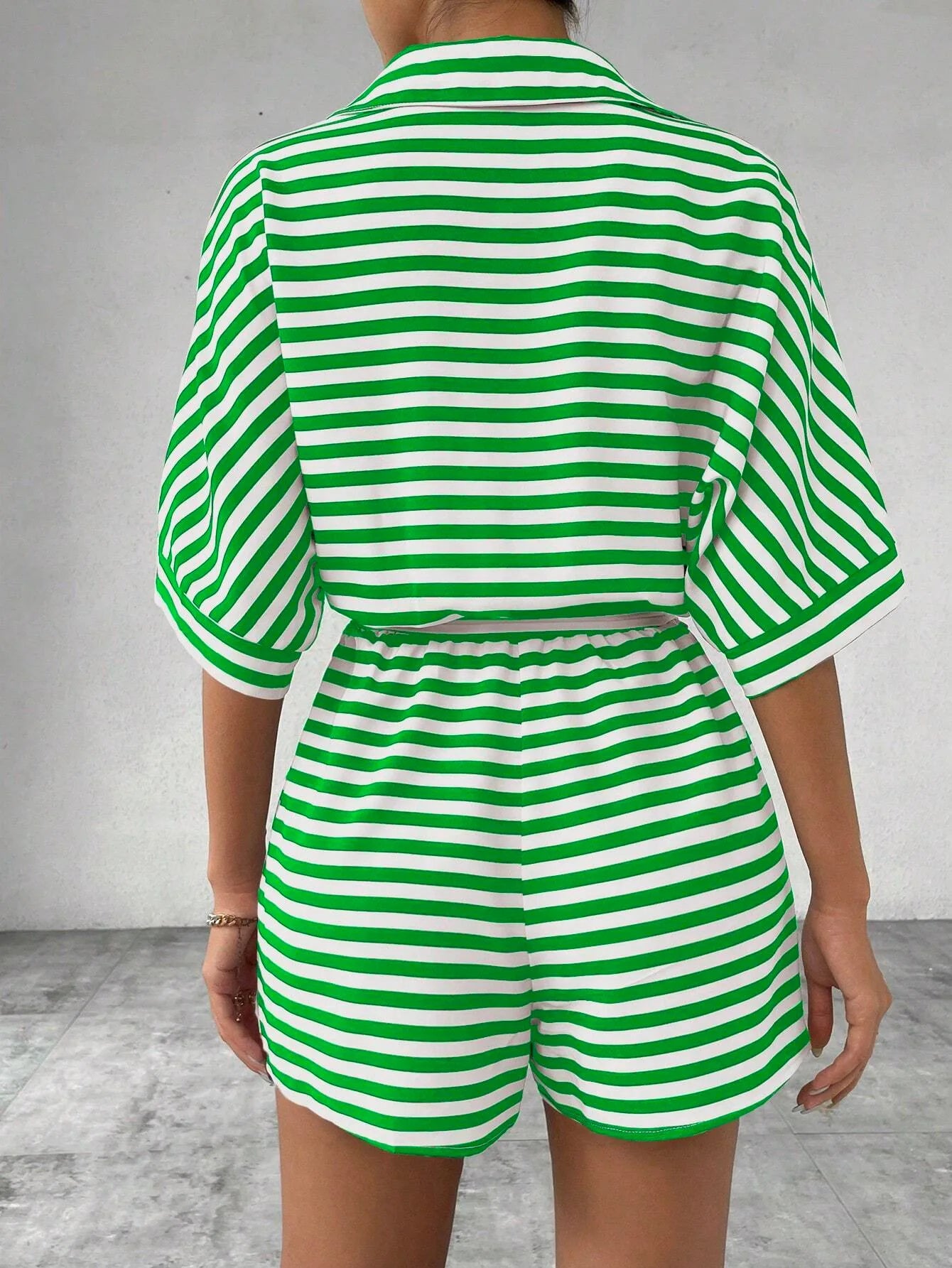 Summer New Set For Women's Casual Loose Comfortable Outfit Fashion Striped Batwing Sleeve Shirt Top+ Shorts 2-piece Sets Woman