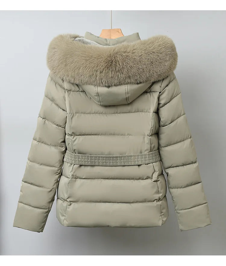 Winter Large Fur Coat Women With Belt Hooded Fur Collar Puffer Jacket Women New Warm Loose Parka Ladies Cotton Padded Overwear