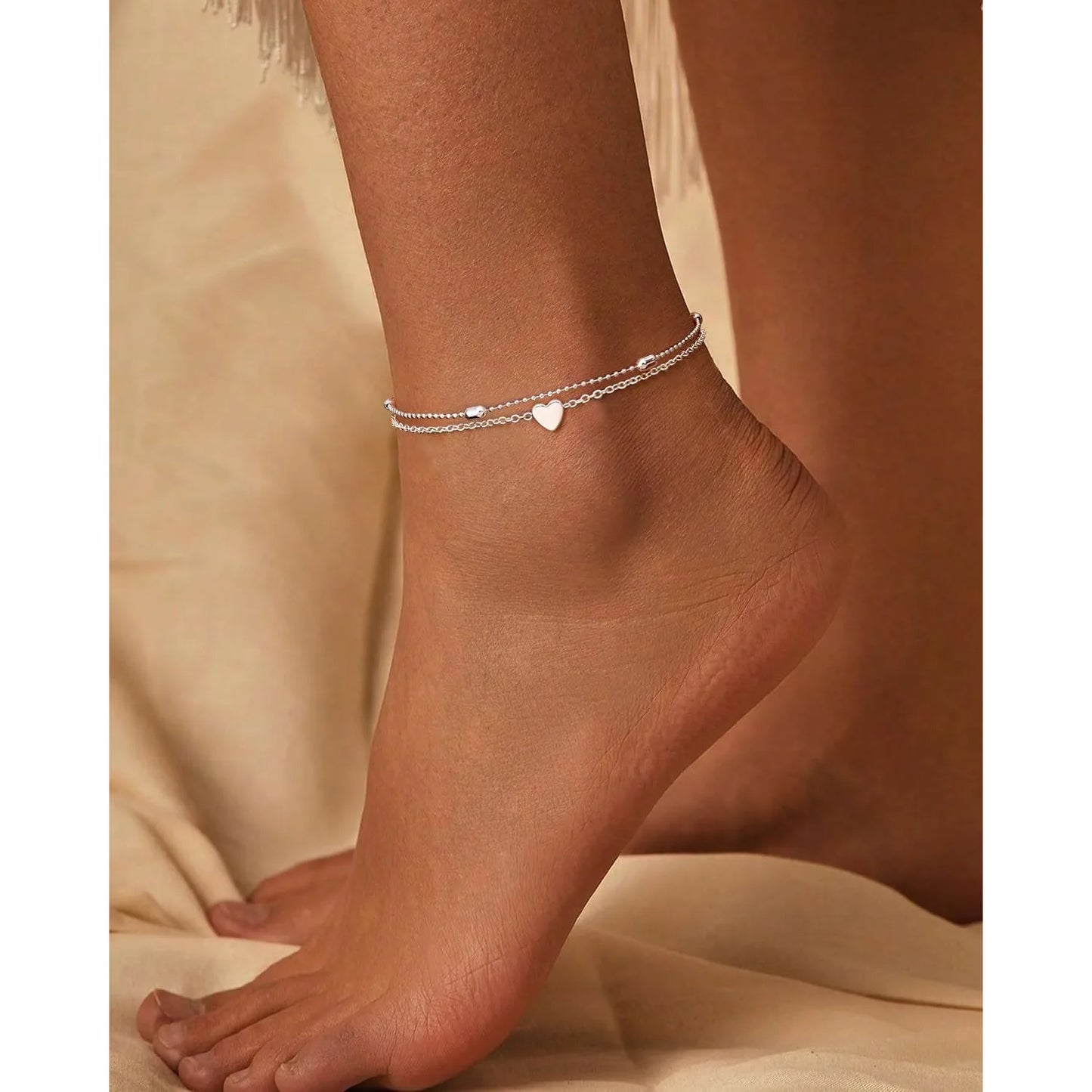 Bobisty Ankle Bracelets for Women Silver Buckle Waterproof Dainty Anklets Adjustable Layered Heart  Anklets Summer Jewelry Gift
