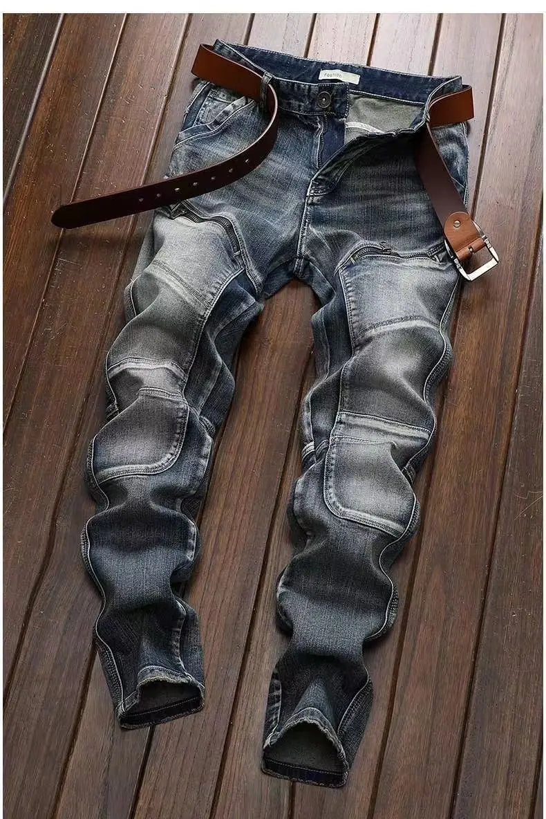 New Spring Autumn Wash Denim Korean Style Blue Designer Cowboy Cycling Motorcycle Splice Vintage Cargo Strech Pant Jean Trousers
