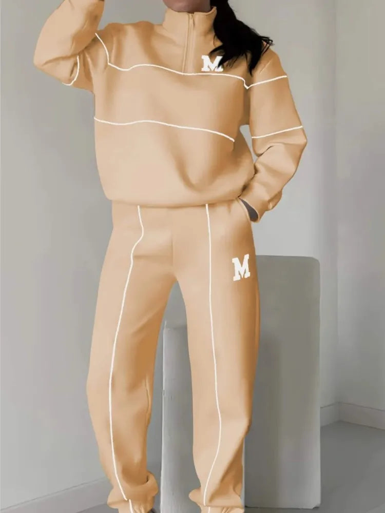 Autumn Winter Women's Fashion Letter Print Sweatshirt Set Casual Zipper Half Open Collar Long-sleeve + Sweatpants Two-piece Set