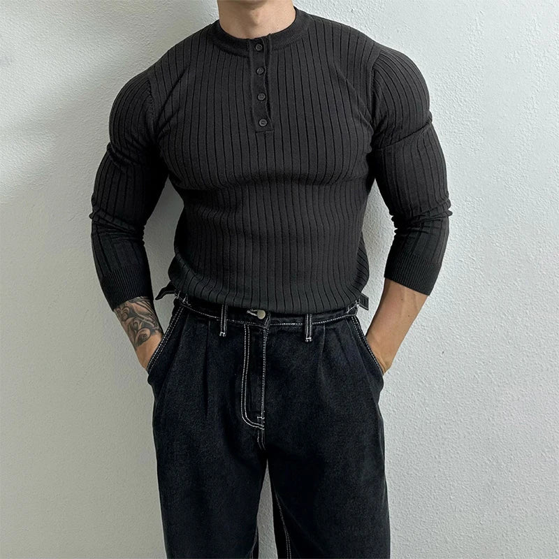 Autumn Clothing Men's Light Luxury Knit Korean Popular Henry Collar T-shirt Button-down Long Sleeve Retro Leisure Knitwear